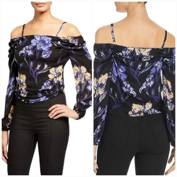 NWT Ramy Brook Black Cori Floral Print Cold Shoulder Silk Top - Picture 1 of 8